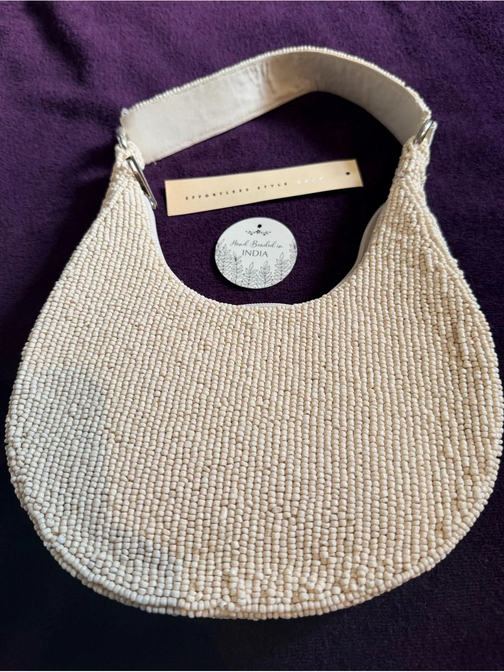 Handmade Beaded Floral Shoulder Bag — Cream